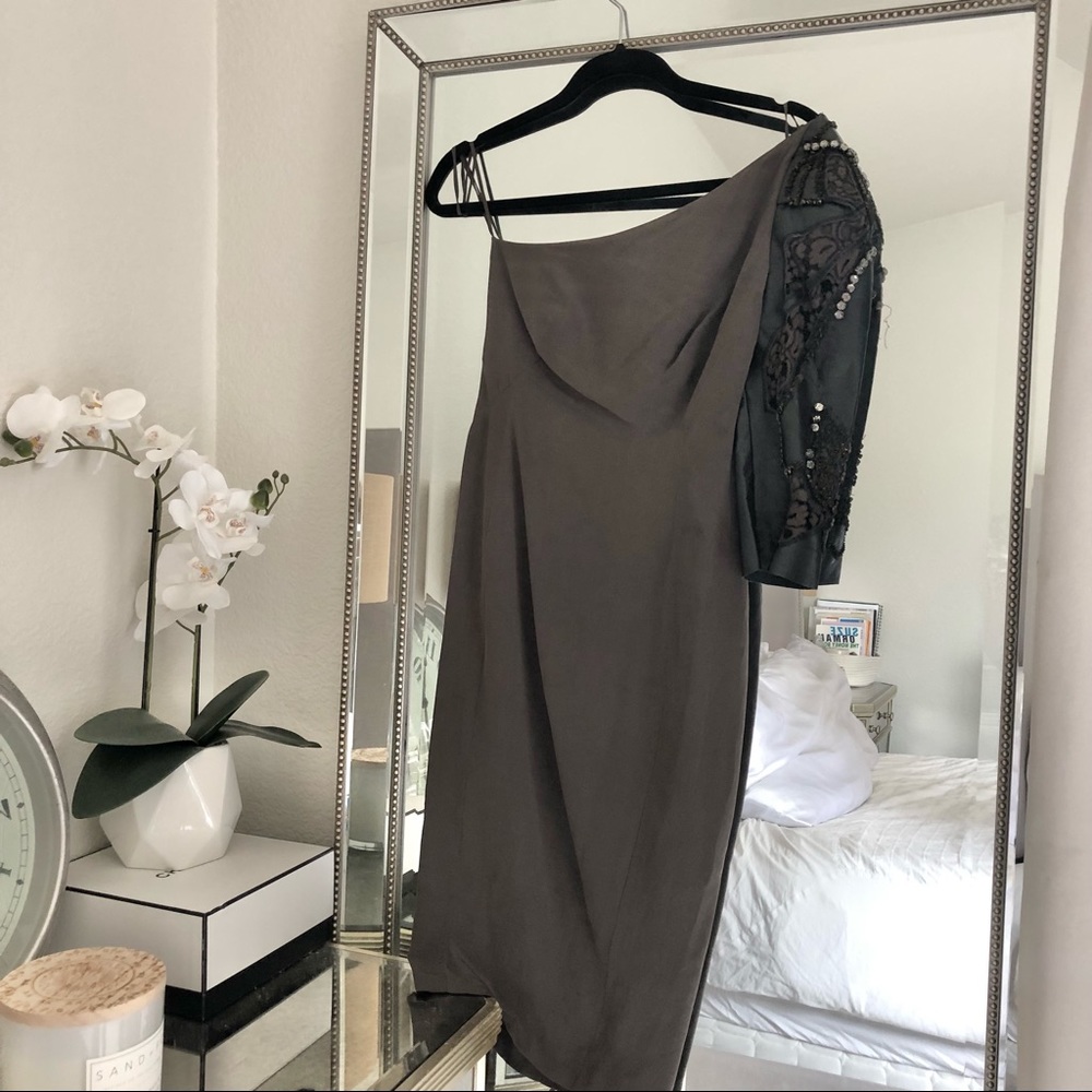Yru Sha Leather Rhinestone Embellished One Shoulder Dress
